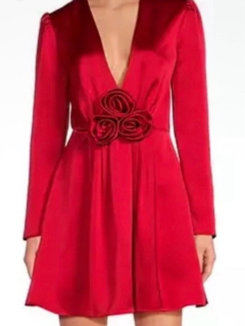 Gianni Bini Red Long Sleeve V-Neck Dress with Rosette Waist
